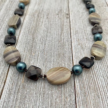 Load image into Gallery viewer, Silver Mist Jasper, Faceted Smoky Quartz, and Tahitian Swarovski Pearl Necklace