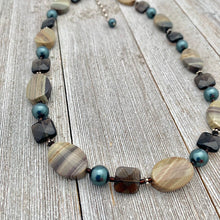 Load image into Gallery viewer, Silver Mist Jasper, Faceted Smoky Quartz, and Tahitian Swarovski Pearl Necklace