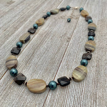 Load image into Gallery viewer, Silver Mist Jasper, Faceted Smoky Quartz, and Tahitian Swarovski Pearl Necklace