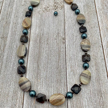 Load image into Gallery viewer, Silver Mist Jasper, Faceted Smoky Quartz, and Tahitian Swarovski Pearl Necklace