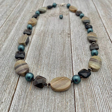 Load image into Gallery viewer, Silver Mist Jasper, Faceted Smoky Quartz, and Tahitian Swarovski Pearl Necklace