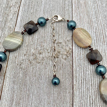 Load image into Gallery viewer, Silver Mist Jasper, Faceted Smoky Quartz, and Tahitian Swarovski Pearl Necklace