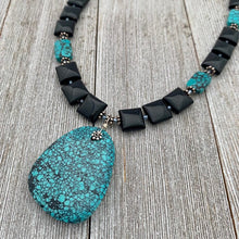 Load image into Gallery viewer, Square Onyx, Faceted Turquoise Rectangles, and Turquoise Pendant Necklace