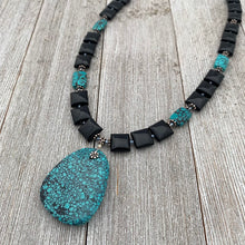 Load image into Gallery viewer, Square Onyx, Faceted Turquoise Rectangles, and Turquoise Pendant Necklace