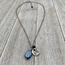 Load image into Gallery viewer, Kyanite Charm Necklace / Pewter Flower Charm / Matte Onyx / Antique Silver Chain / Adjustable
