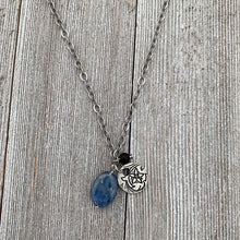 Load image into Gallery viewer, Kyanite Charm Necklace / Pewter Flower Charm / Matte Onyx / Antique Silver Chain / Adjustable