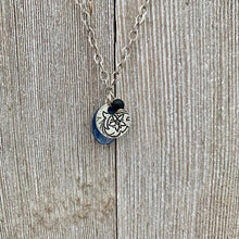 Load image into Gallery viewer, Kyanite Charm Necklace / Pewter Flower Charm / Matte Onyx / Antique Silver Chain / Adjustable
