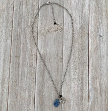 Load image into Gallery viewer, Kyanite Charm Necklace / Pewter Flower Charm / Matte Onyx / Antique Silver Chain / Adjustable