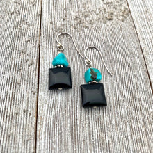 Load image into Gallery viewer, Black Onyx and Natural Turquoise Nugget Sterling Silver Earrings