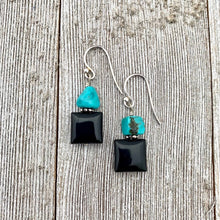 Load image into Gallery viewer, Black Onyx and Natural Turquoise Nugget Sterling Silver Earrings