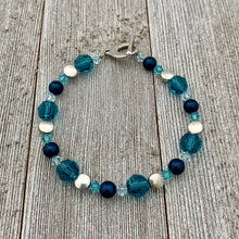 Load image into Gallery viewer, Teal Swarovski Crystal and Pearl Bracelet