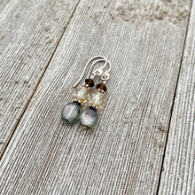 Load image into Gallery viewer, Olive Green Czech Glass, Golden Faceted Czech Glass, and Deep Brown Swarovski Crystal Sterling Silver Earrings