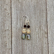 Load image into Gallery viewer, Olive Green Czech Glass, Golden Faceted Czech Glass, and Deep Brown Swarovski Crystal Sterling Silver Earrings