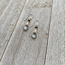 Load image into Gallery viewer, Olive Green Czech Glass, Golden Faceted Czech Glass, and Deep Brown Swarovski Crystal Sterling Silver Earrings