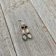 Load image into Gallery viewer, Olive Green Czech Glass, Golden Faceted Czech Glass, and Deep Brown Swarovski Crystal Sterling Silver Earrings