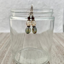 Load image into Gallery viewer, Olive Green Czech Glass, Golden Faceted Czech Glass, and Deep Brown Swarovski Crystal Sterling Silver Earrings