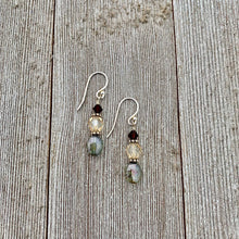 Load image into Gallery viewer, Olive Green Czech Glass, Golden Faceted Czech Glass, and Deep Brown Swarovski Crystal Sterling Silver Earrings