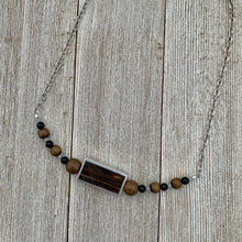 Load image into Gallery viewer, Silver Framed Wood / Greywood / Onyx / Grey Crysals / Antique Silver Chain Necklace