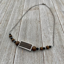 Load image into Gallery viewer, Silver Framed Wood / Greywood / Onyx / Grey Crysals / Antique Silver Chain Necklace