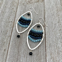 Load image into Gallery viewer, Onyx / Navy Blue Czech Glass / Blue Grey Crystals / Oval Hoop Earrings