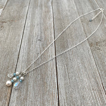 Load image into Gallery viewer, White Swarovski Pearls / Clear Swarovski Crystals / Tiny Blue Grey Crystals / Charm Necklace