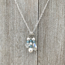 Load image into Gallery viewer, White Swarovski Pearls / Clear Swarovski Crystals / Tiny Blue Grey Crystals / Charm Necklace