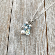 Load image into Gallery viewer, White Swarovski Pearls / Clear Swarovski Crystals / Tiny Blue Grey Crystals / Charm Necklace