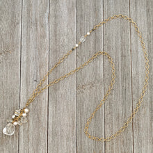 Load image into Gallery viewer, Crystal Quartz / Swarovski Pearls / Black Diamond Swarovski Crystals / Clear Oval Crystals / Matte Gold Chain / Cluster Necklace