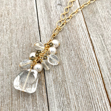 Load image into Gallery viewer, Crystal Quartz / Swarovski Pearls / Black Diamond Swarovski Crystals / Clear Oval Crystals / Matte Gold Chain / Cluster Necklace