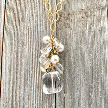 Load image into Gallery viewer, Crystal Quartz / Swarovski Pearls / Black Diamond Swarovski Crystals / Clear Oval Crystals / Matte Gold Chain / Cluster Necklace