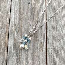 Load image into Gallery viewer, White Swarovski Pearls / Clear Swarovski Crystals / Tiny Blue Grey Crystals / Charm Necklace