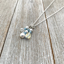 Load image into Gallery viewer, White Swarovski Pearls / Clear Swarovski Crystals / Tiny Blue Grey Crystals / Charm Necklace