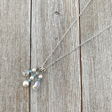 Load image into Gallery viewer, White Swarovski Pearls / Clear Swarovski Crystals / Tiny Blue Grey Crystals / Charm Necklace