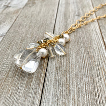 Load image into Gallery viewer, Crystal Quartz / Swarovski Pearls / Black Diamond Swarovski Crystals / Clear Oval Crystals / Matte Gold Chain / Cluster Necklace