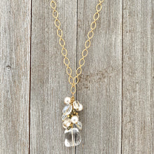 Load image into Gallery viewer, Crystal Quartz / Swarovski Pearls / Black Diamond Swarovski Crystals / Clear Oval Crystals / Matte Gold Chain / Cluster Necklace