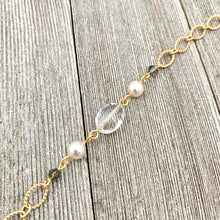 Load image into Gallery viewer, Crystal Quartz / Swarovski Pearls / Black Diamond Swarovski Crystals / Clear Oval Crystals / Matte Gold Chain / Cluster Necklace