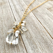 Load image into Gallery viewer, Crystal Quartz / Swarovski Pearls / Black Diamond Swarovski Crystals / Clear Oval Crystals / Matte Gold Chain / Cluster Necklace