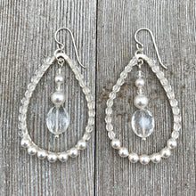 Load image into Gallery viewer, Crystal and Pearl, Wire Wrapped, Teardrop Hoop Earrings, Glass, Swarovski Pearls, Bridal, Formal