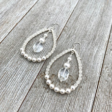 Load image into Gallery viewer, Crystal and Pearl, Wire Wrapped, Teardrop Hoop Earrings, Glass, Swarovski Pearls, Bridal, Formal