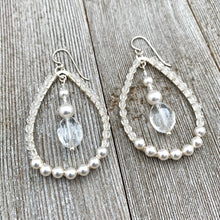 Load image into Gallery viewer, Crystal and Pearl, Wire Wrapped, Teardrop Hoop Earrings, Glass, Swarovski Pearls, Bridal, Formal