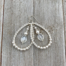 Load image into Gallery viewer, Crystal and Pearl, Wire Wrapped, Teardrop Hoop Earrings, Glass, Swarovski Pearls, Bridal, Formal