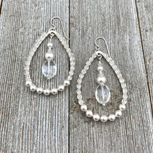 Load image into Gallery viewer, Crystal and Pearl, Wire Wrapped, Teardrop Hoop Earrings, Glass, Swarovski Pearls, Bridal, Formal