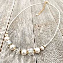 Load image into Gallery viewer, Crystal and Pearl Necklace, Swarovski, Gold Accents, Adjustable Length, Bridal, Wedding, Formal