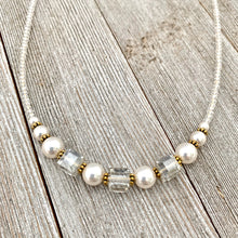 Load image into Gallery viewer, Crystal and Pearl Necklace, Swarovski, Gold Accents, Adjustable Length, Bridal, Wedding, Formal