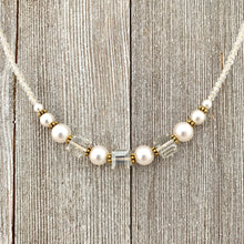 Load image into Gallery viewer, Crystal and Pearl Necklace, Swarovski, Gold Accents, Adjustable Length, Bridal, Wedding, Formal