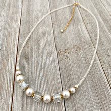 Load image into Gallery viewer, Crystal and Pearl Necklace, Swarovski, Gold Accents, Adjustable Length, Bridal, Wedding, Formal