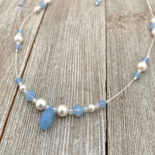 Load image into Gallery viewer, Floating Necklace, Swarovski Pearls, White, Air Blue Opal, Crystals, Tin Cup, Adjustable, Bridal