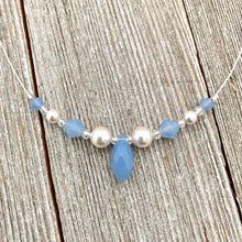 Load image into Gallery viewer, Floating Necklace, Swarovski Pearls, White, Air Blue Opal, Crystals, Tin Cup, Adjustable, Bridal