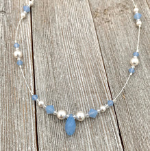 Load image into Gallery viewer, Floating Necklace, Swarovski Pearls, White, Air Blue Opal, Crystals, Tin Cup, Adjustable, Bridal