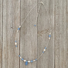 Load image into Gallery viewer, Floating Necklace, Swarovski Pearls, White, Air Blue Opal, Crystals, Tin Cup, Adjustable, Bridal